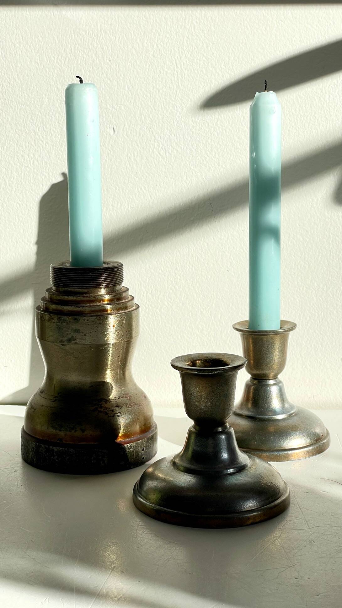 Industrial candle holders steel and silver bronze vintage