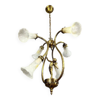 In the style of L'atelier Mathieu: bronze chandelier with cherub circa 1970