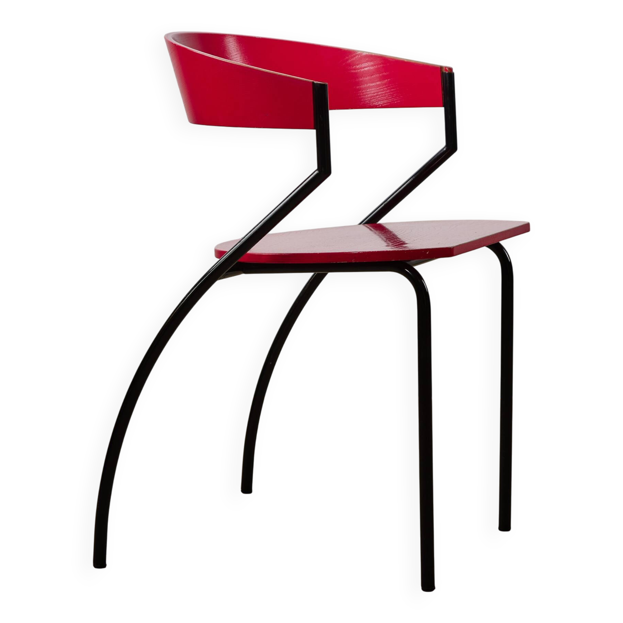 Red Plywood and Curved Metal Frame Chair