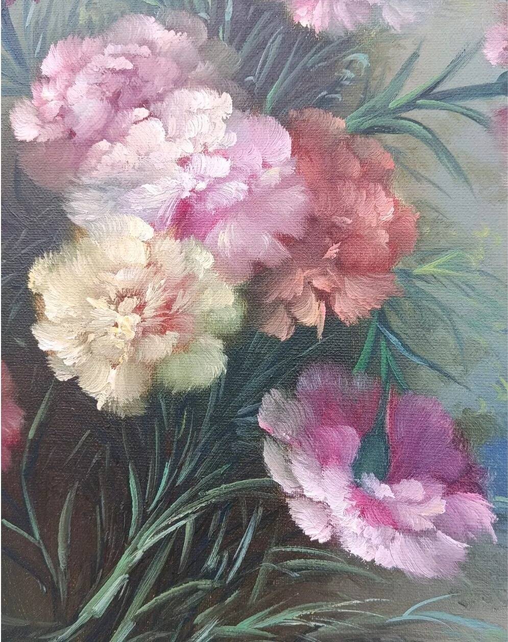 Vintage 20th Century Blooming Bouquet Still Life Oil Painting on Canvas