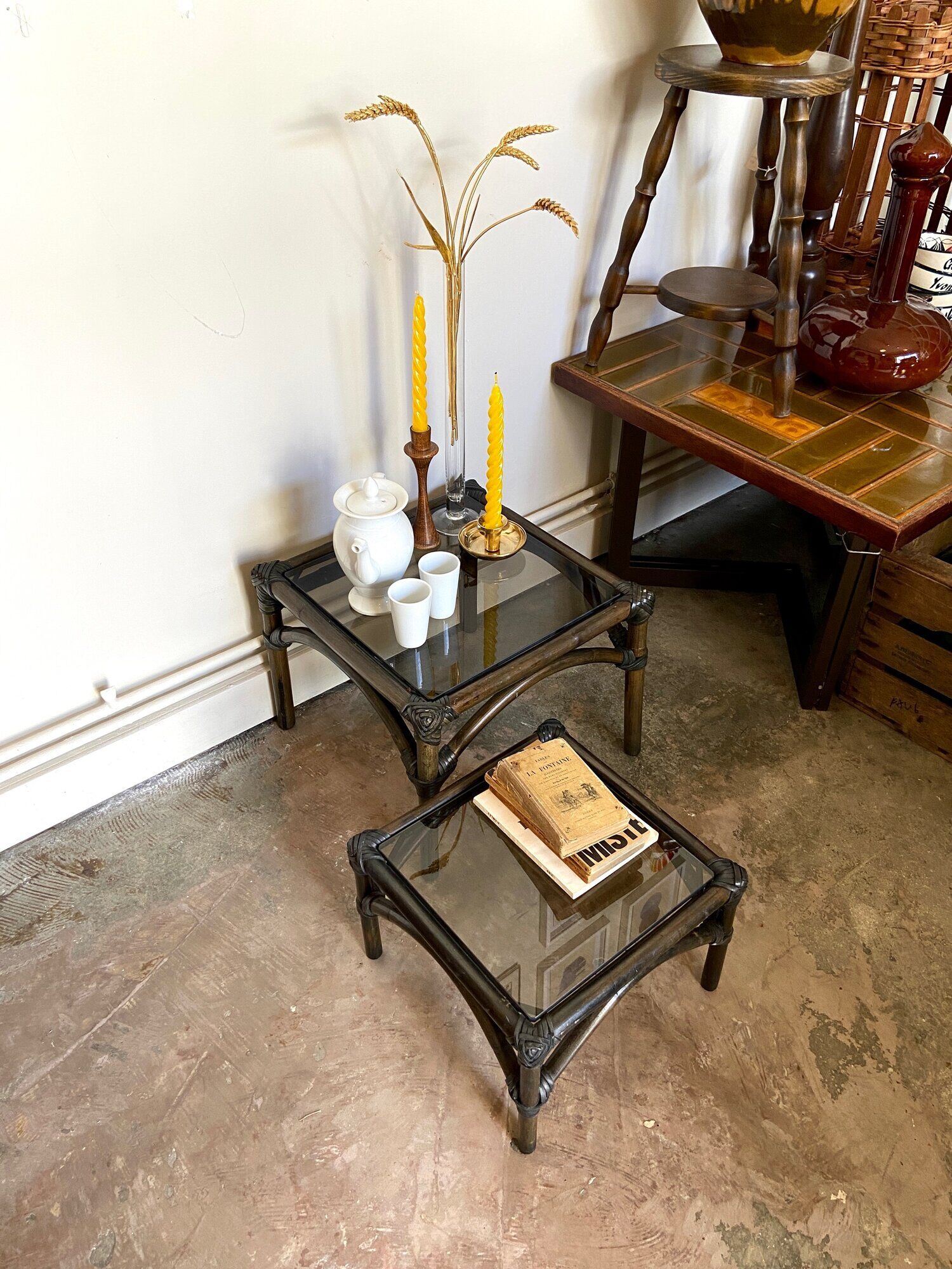 2 coffee tables, rattan sofa tips and smoked glass