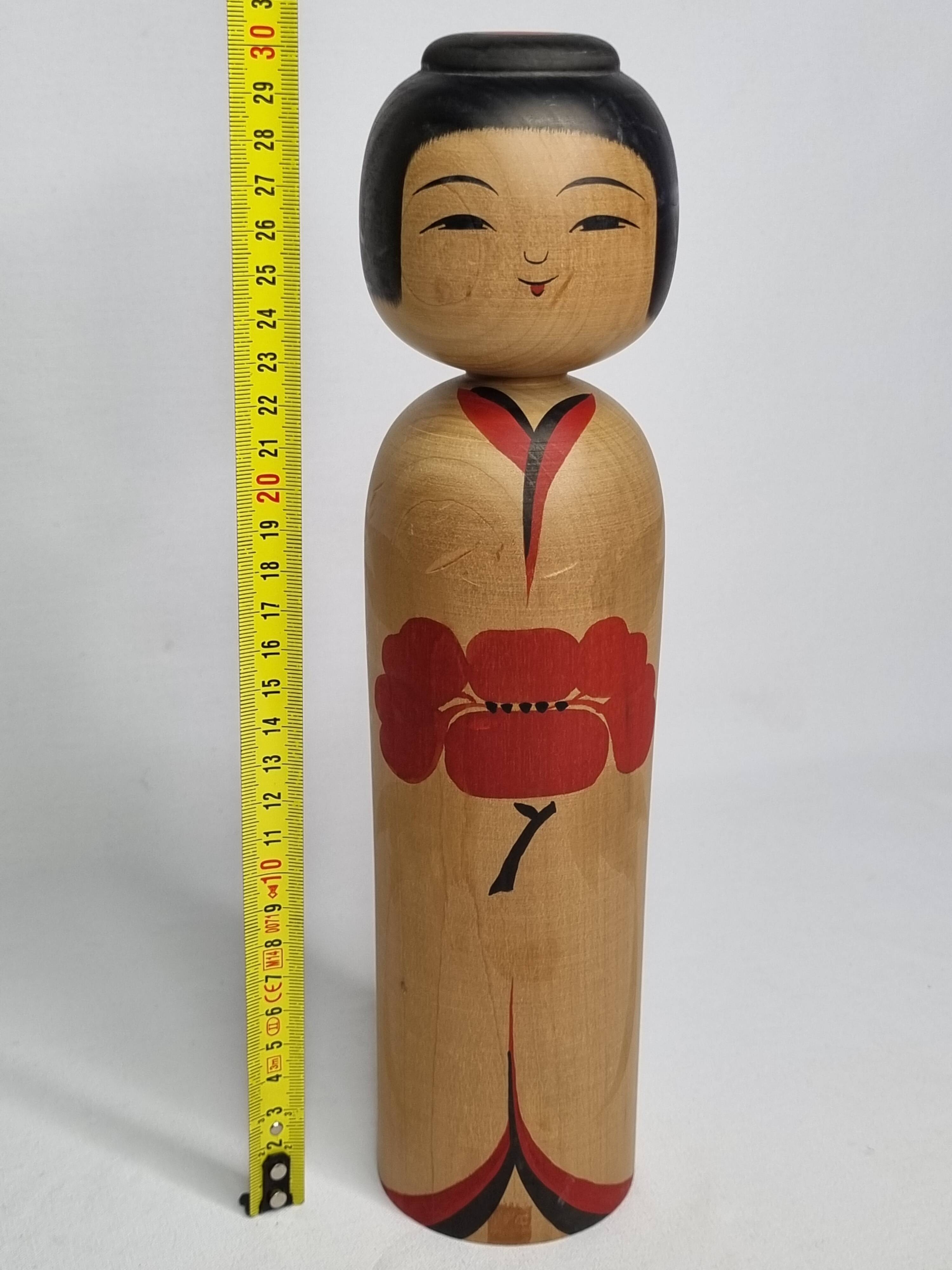 Signed Japanese Kokeshi Doll, Modern Style, Hand Painted Minimalist Decor, 30cm
