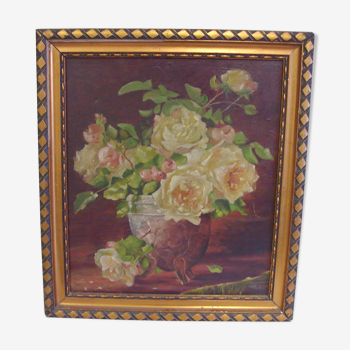 Tableau huile sur panneau bouquet de fleurs roses