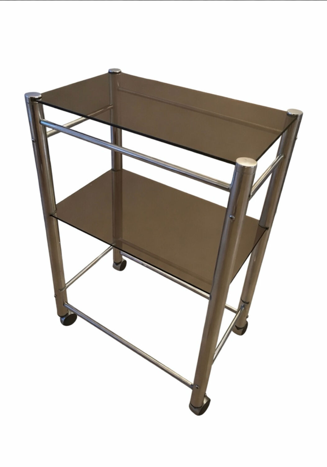 Chrome metal and glass wheeled dessert trolley
