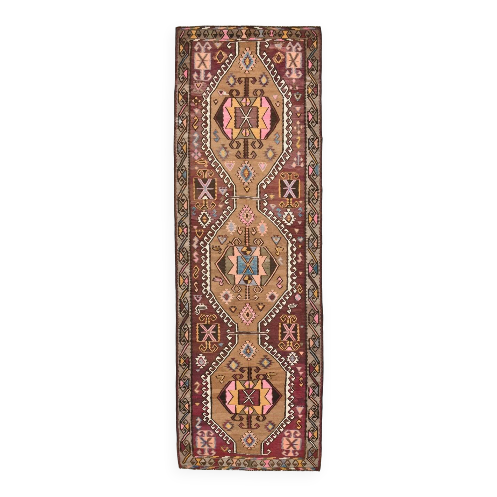 Grand Tapis Kilim Vintage Long & Large, Motifs Tribaux Géométriques