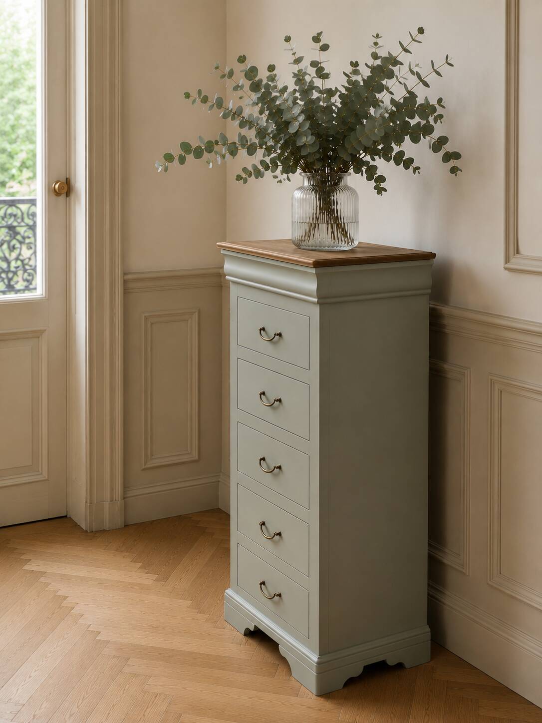 Chiffonnier style Louis Philippe, entièrement restauré sublimé vert de gris