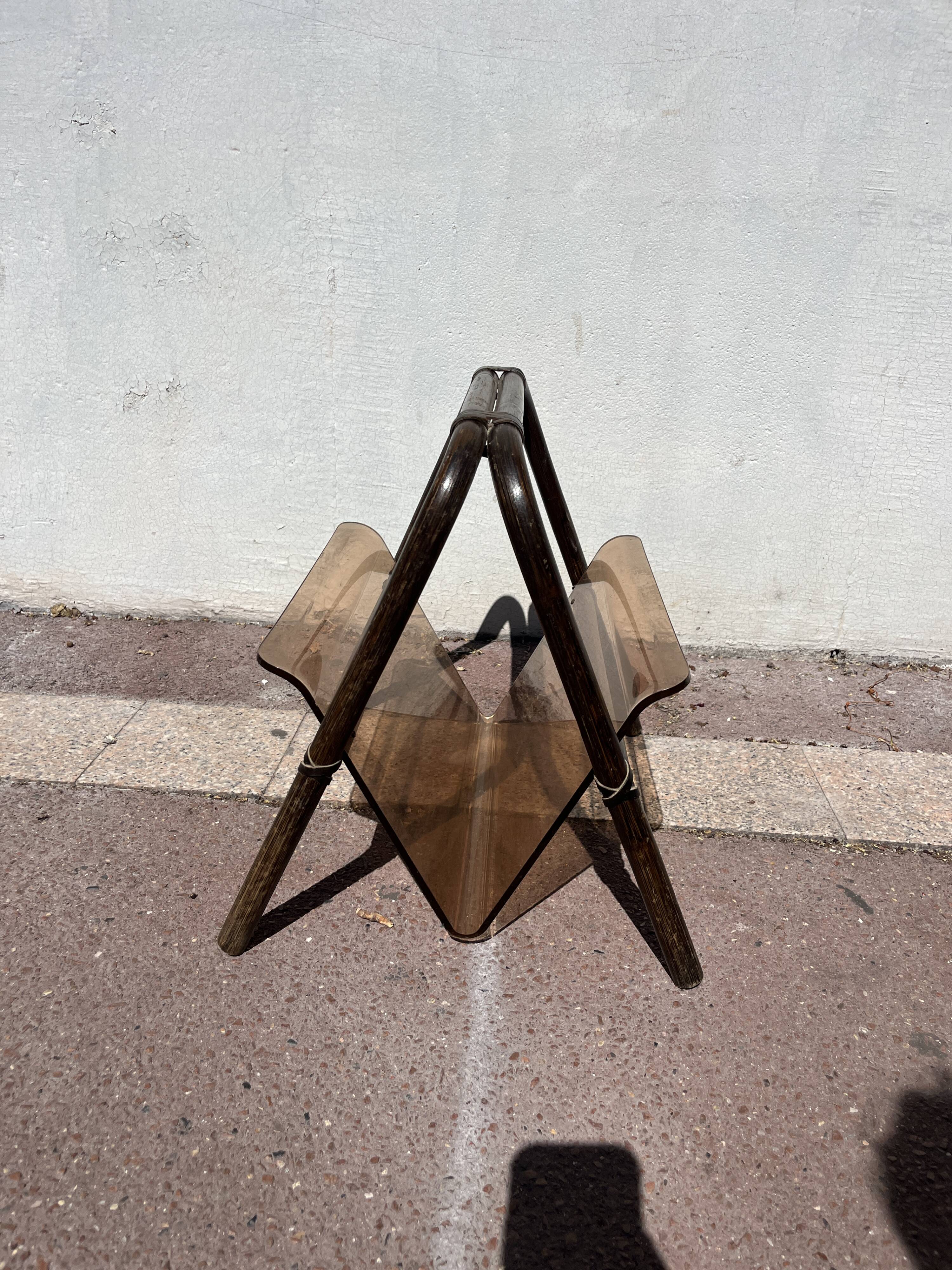 Rattan and Plexiglass magazine rack by Marc Held