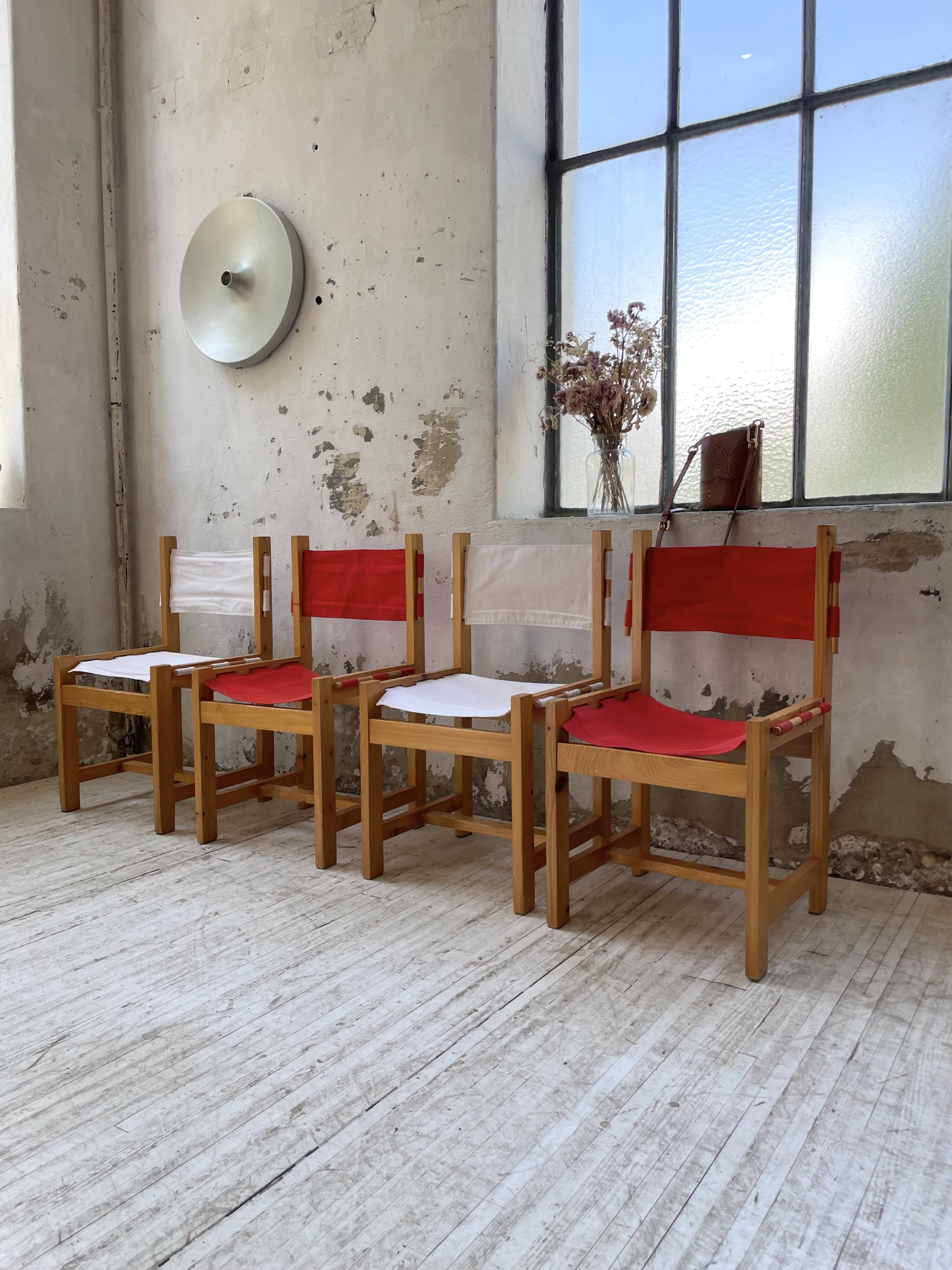 Set of 4 80s colored pine chairs