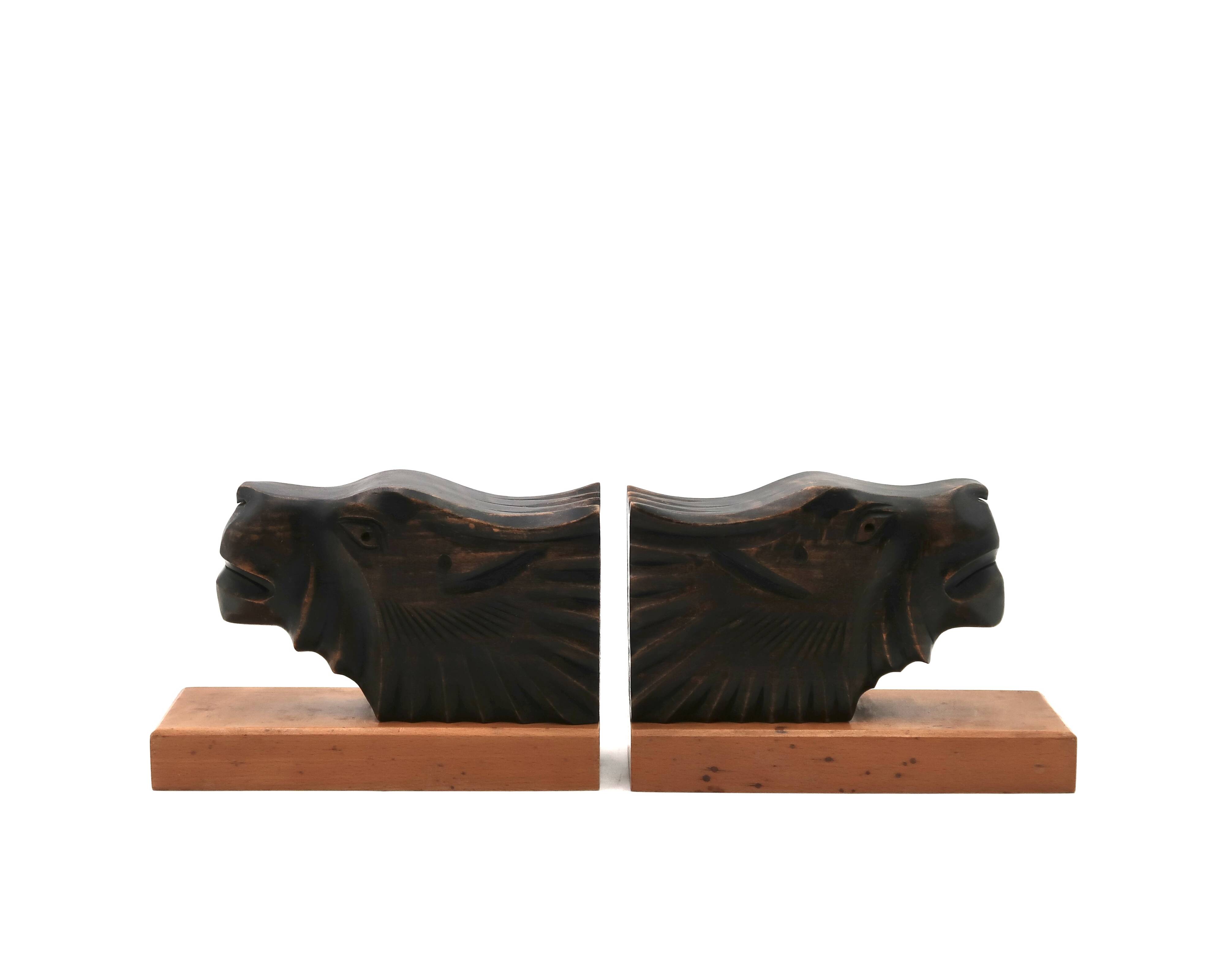 Art Deco wooden bookends with feline heads