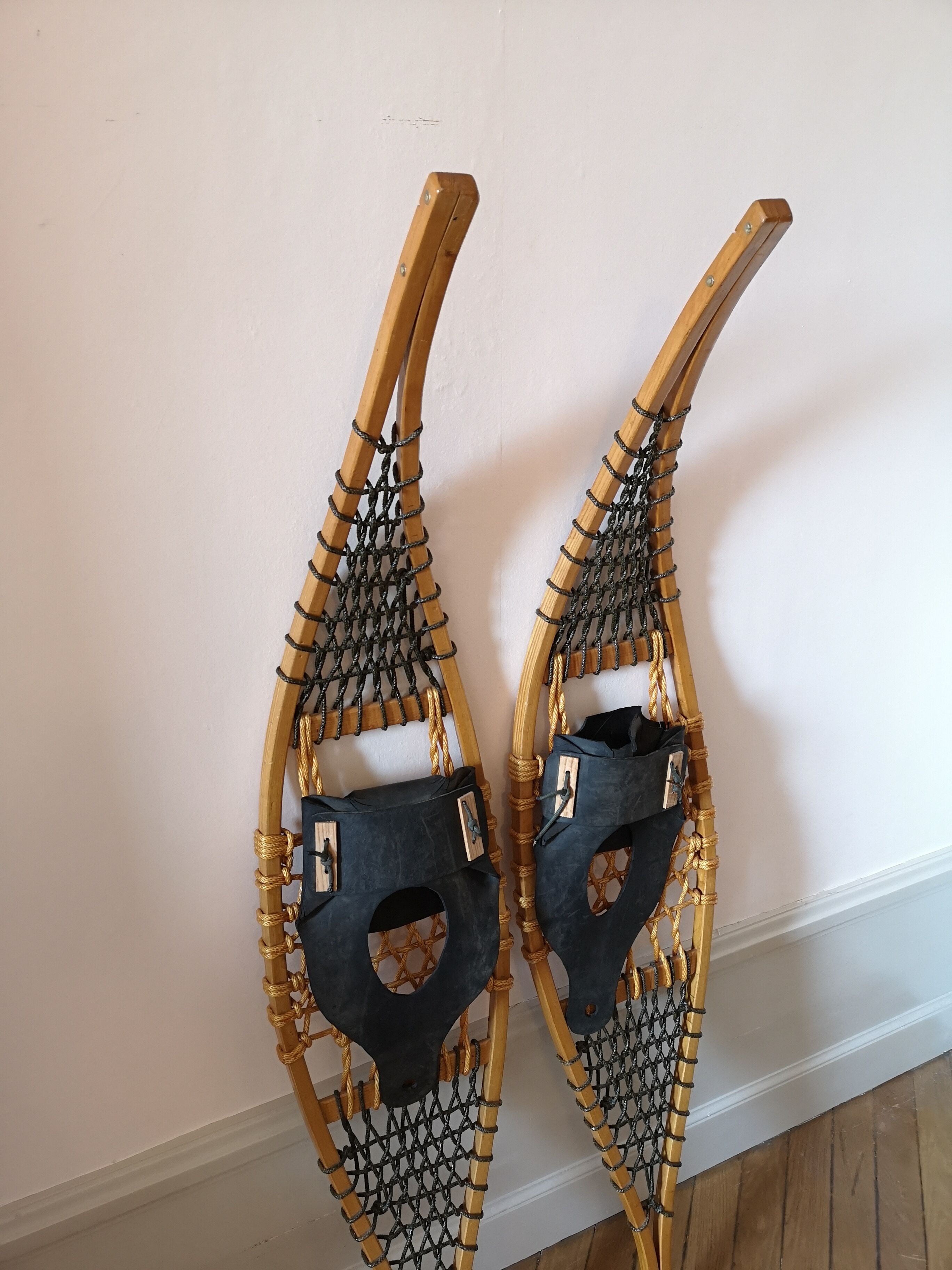 Pair of antique wooden snowshoes, vintage, 155 cm