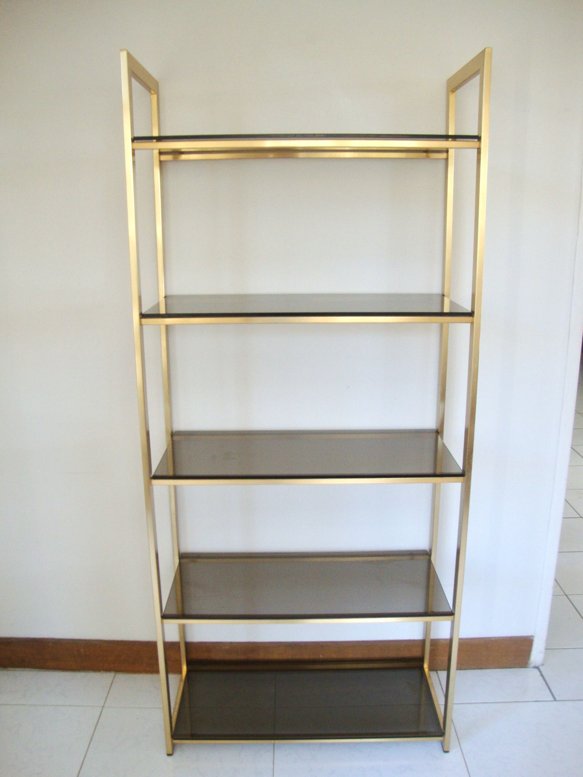 1970 library and gold metal and smoked glass