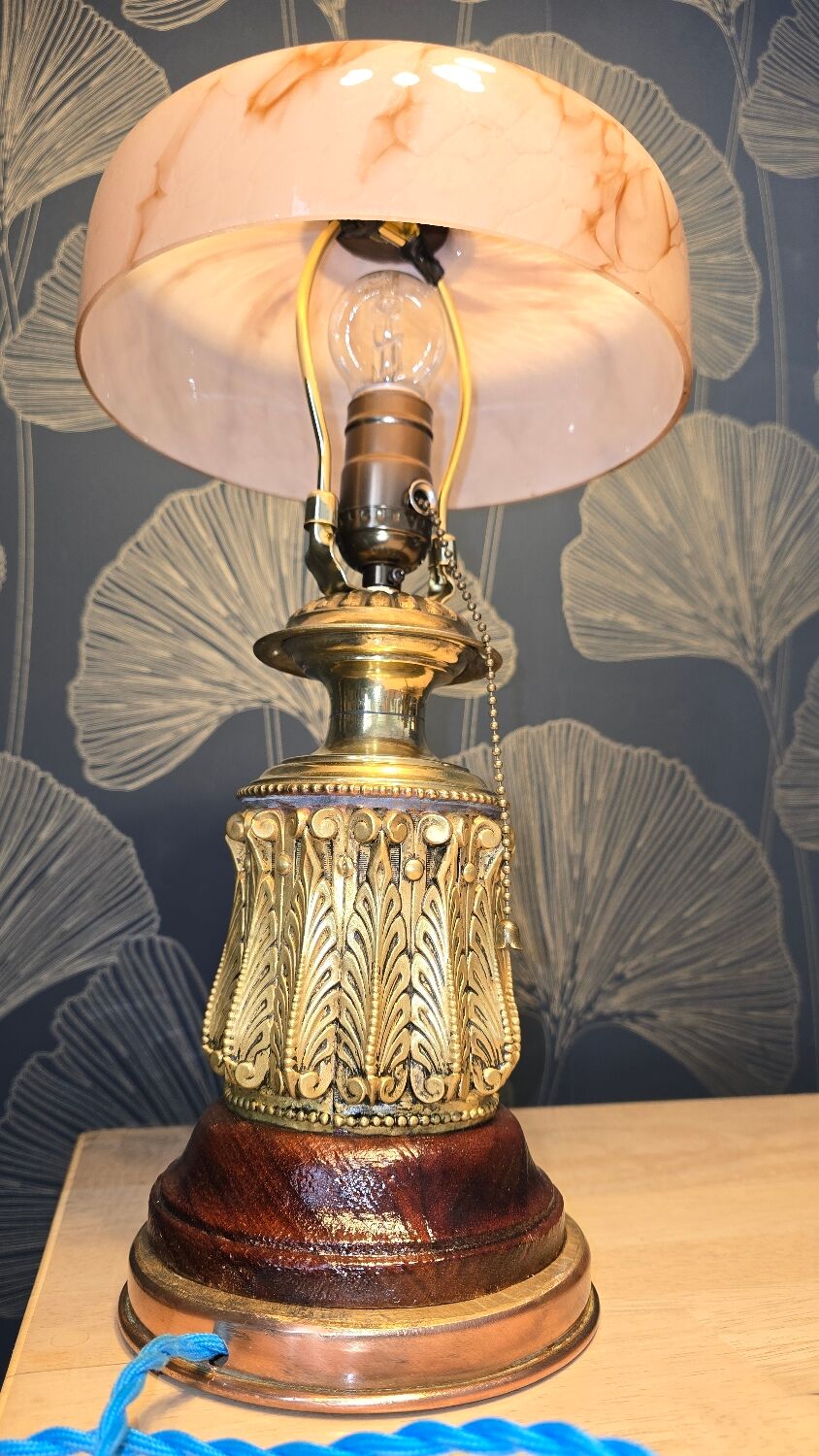 lamp 1900 brass bronze wood, marbled opaline shade 43x23 inter with dash