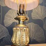 lamp 1900 brass bronze wood, marbled opaline shade 43x23 inter with dash