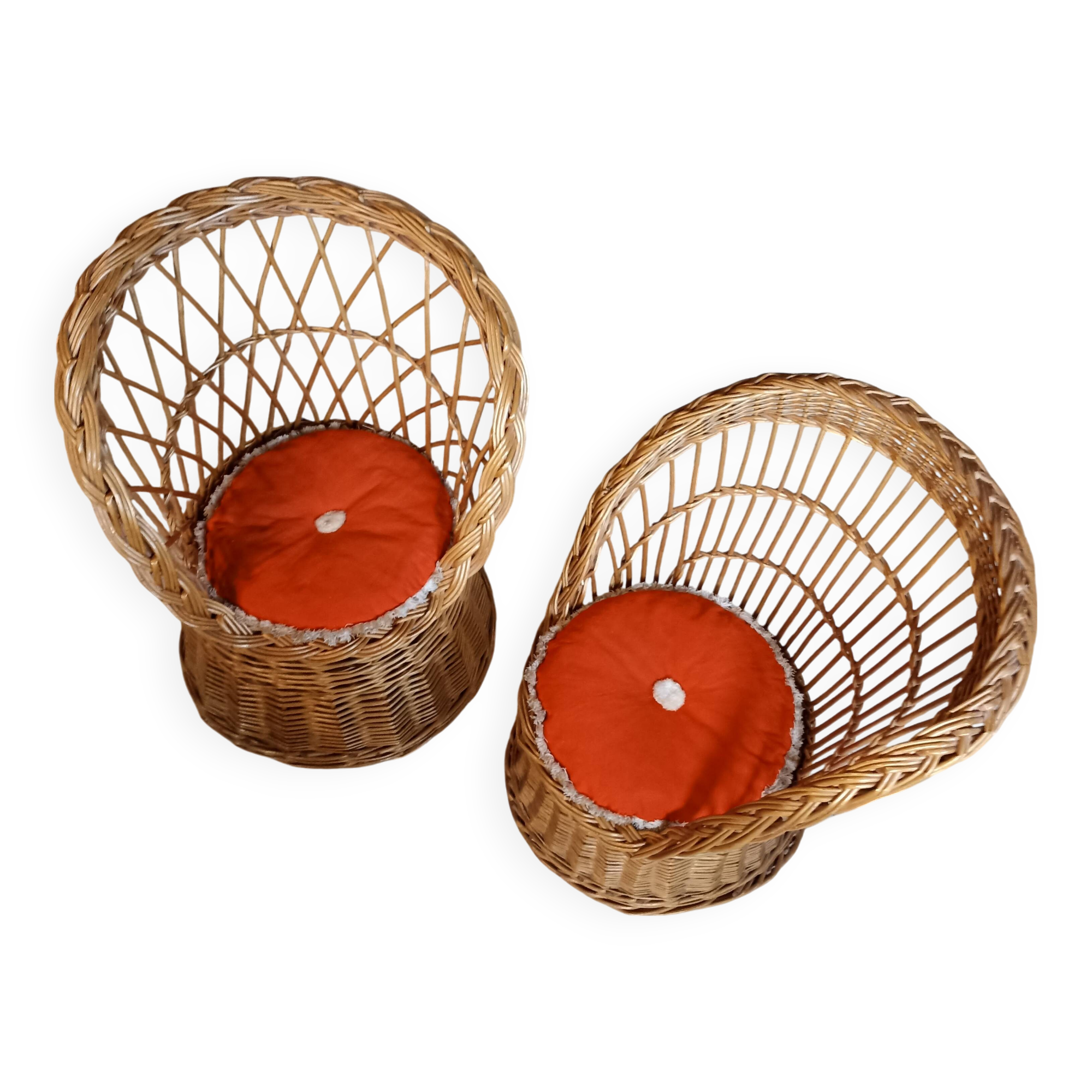 Set of 2 vintage 1970s rattan children's armchairs with orange cushions
