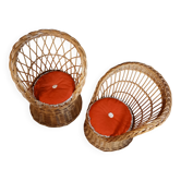 Lot de 2 fauteuils enfants en rotin, vintage 1970, avec coussin orange