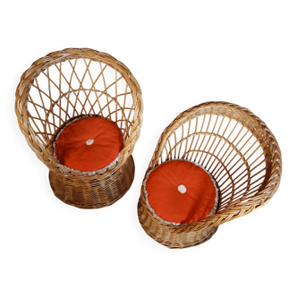Set of 2 vintage 1970s rattan children's armchairs with orange cushions