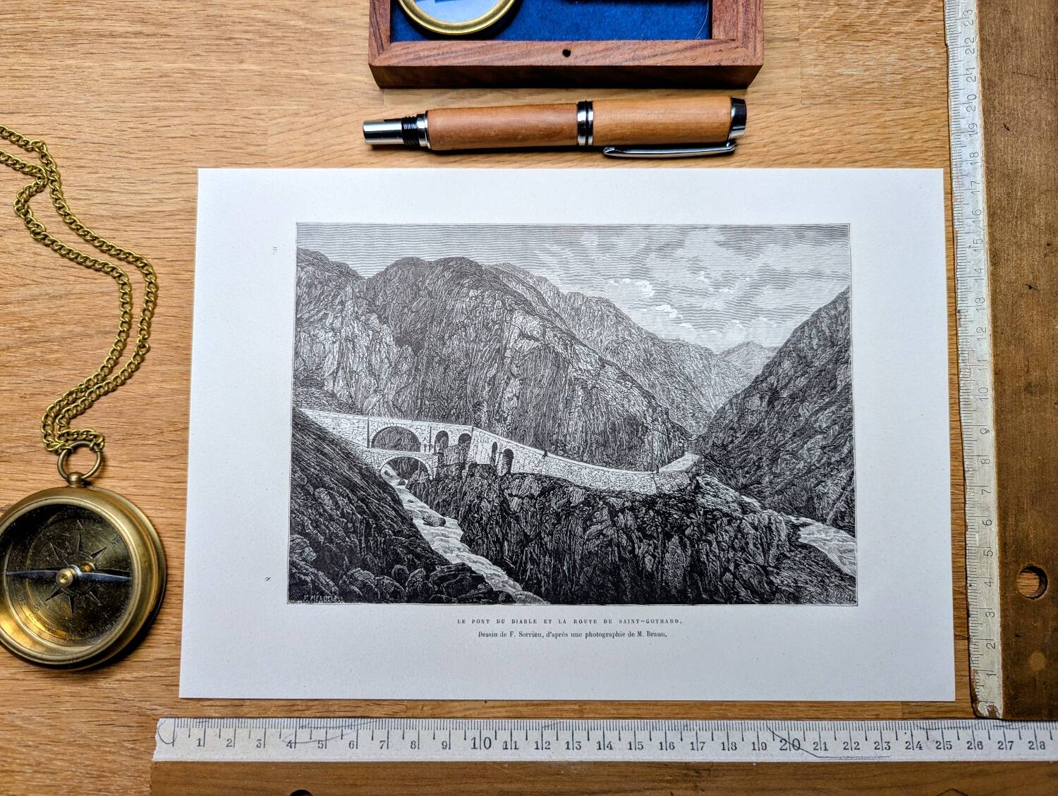 The Devil's Bridge, Schöllenen, vintage engraving, 1878.