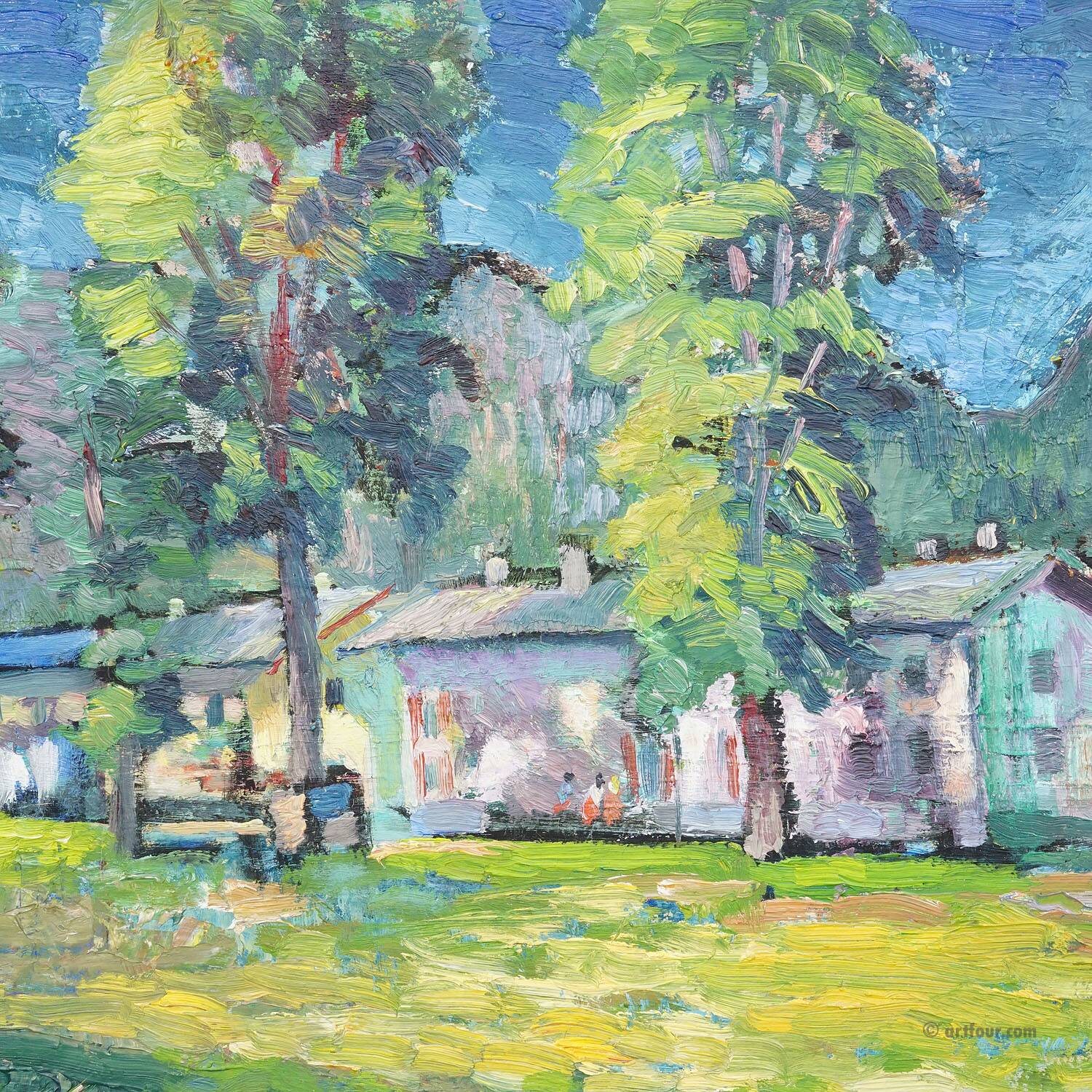 Impressionist painting of a garden with buildings in the background.
