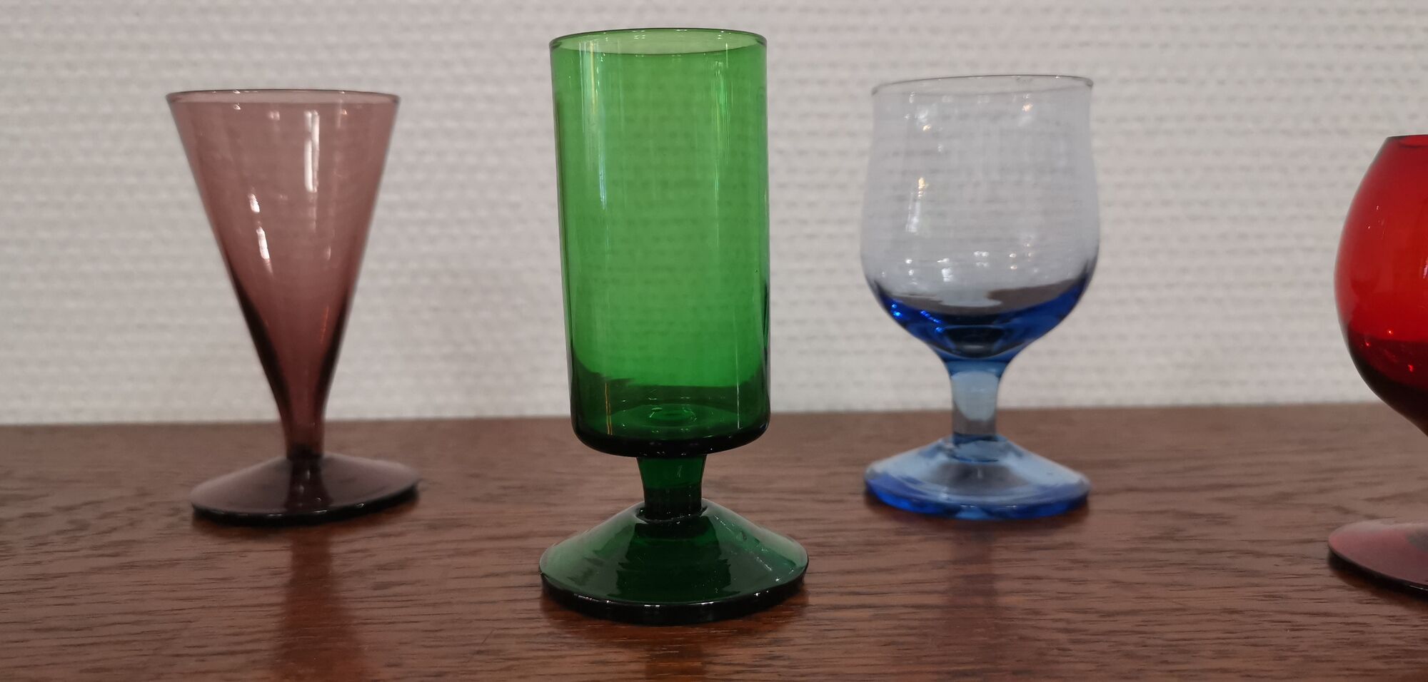 Set of 6 old liquor glasses on mismatched feet