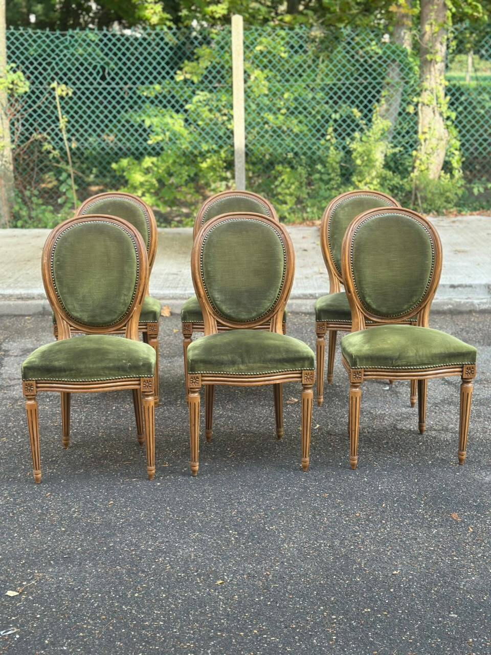 Set of 8 Louis XVI medallion chairs and armchairs in green velvet, 1950.