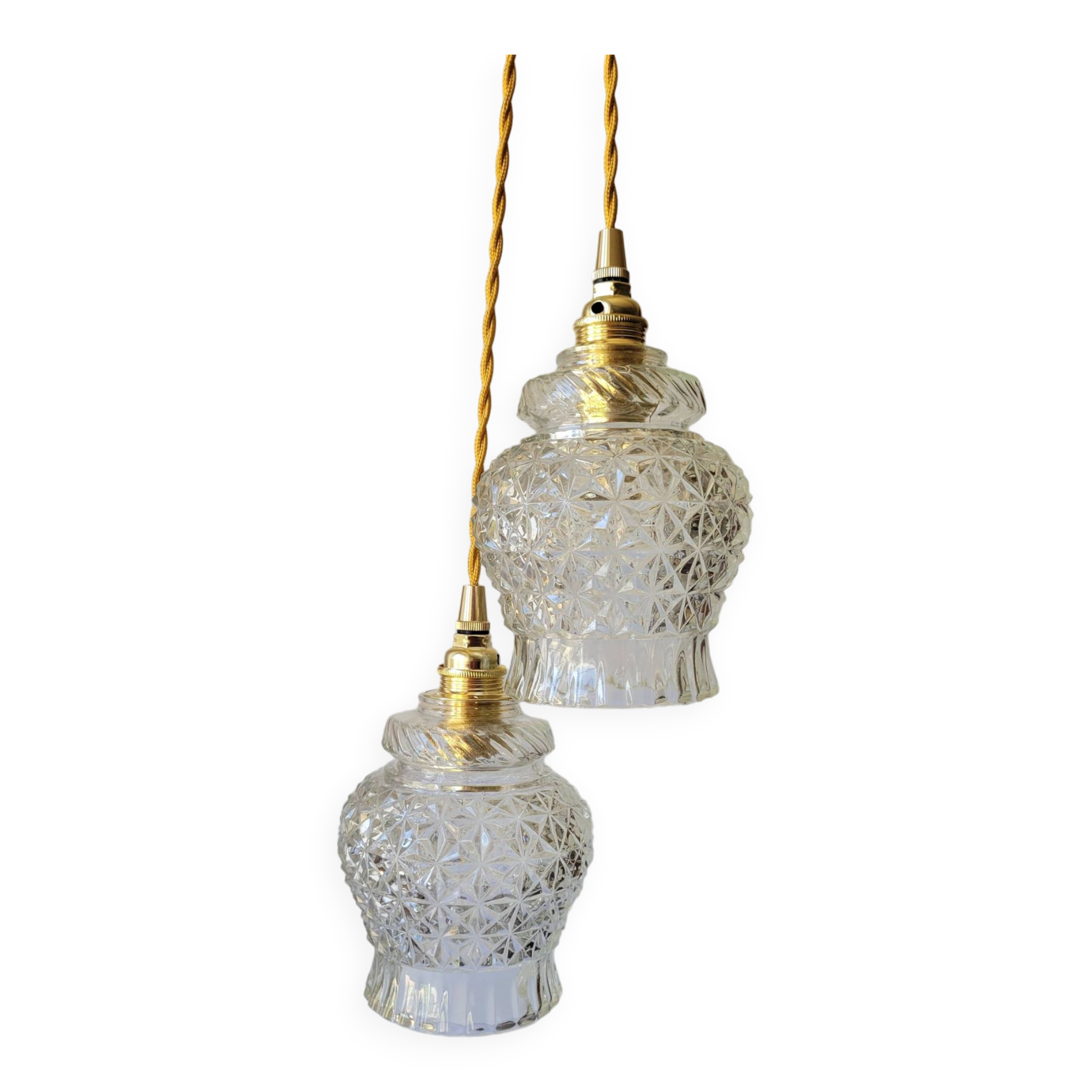 Duo of molded glass pendant lights