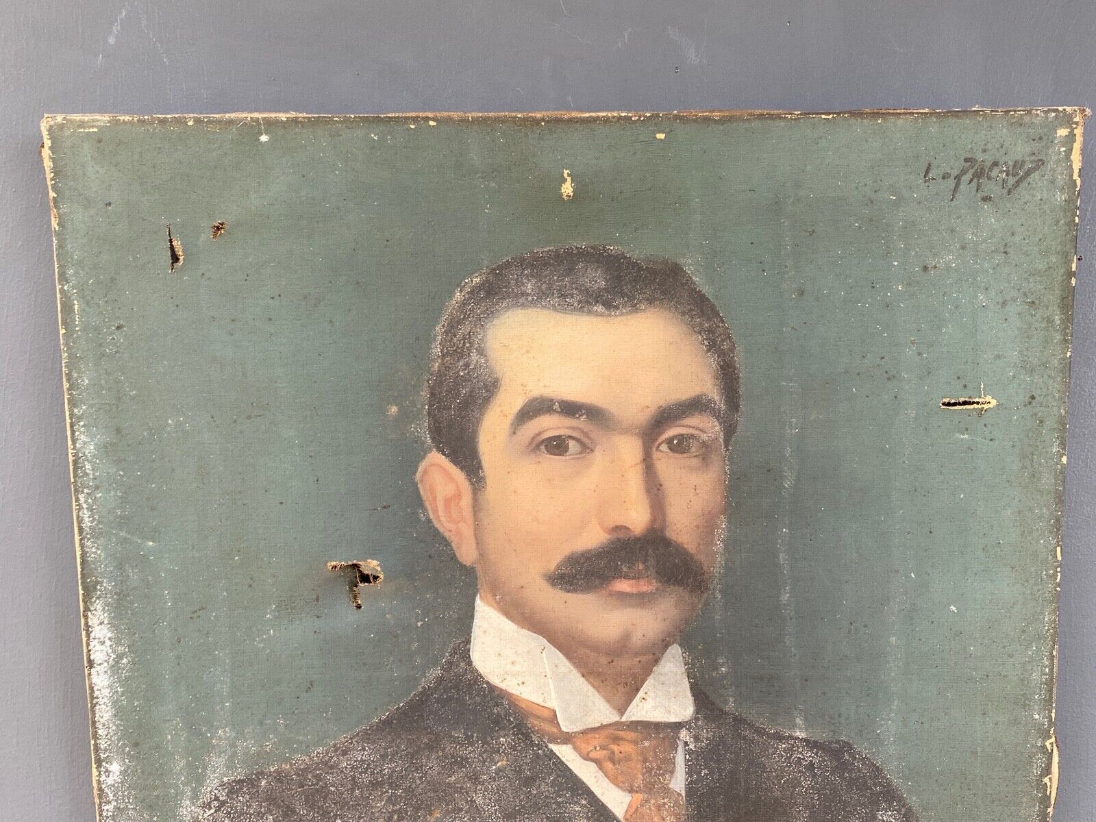 Huile sur toile par L Pacaud portrait homme a moustache 1900 XXeme