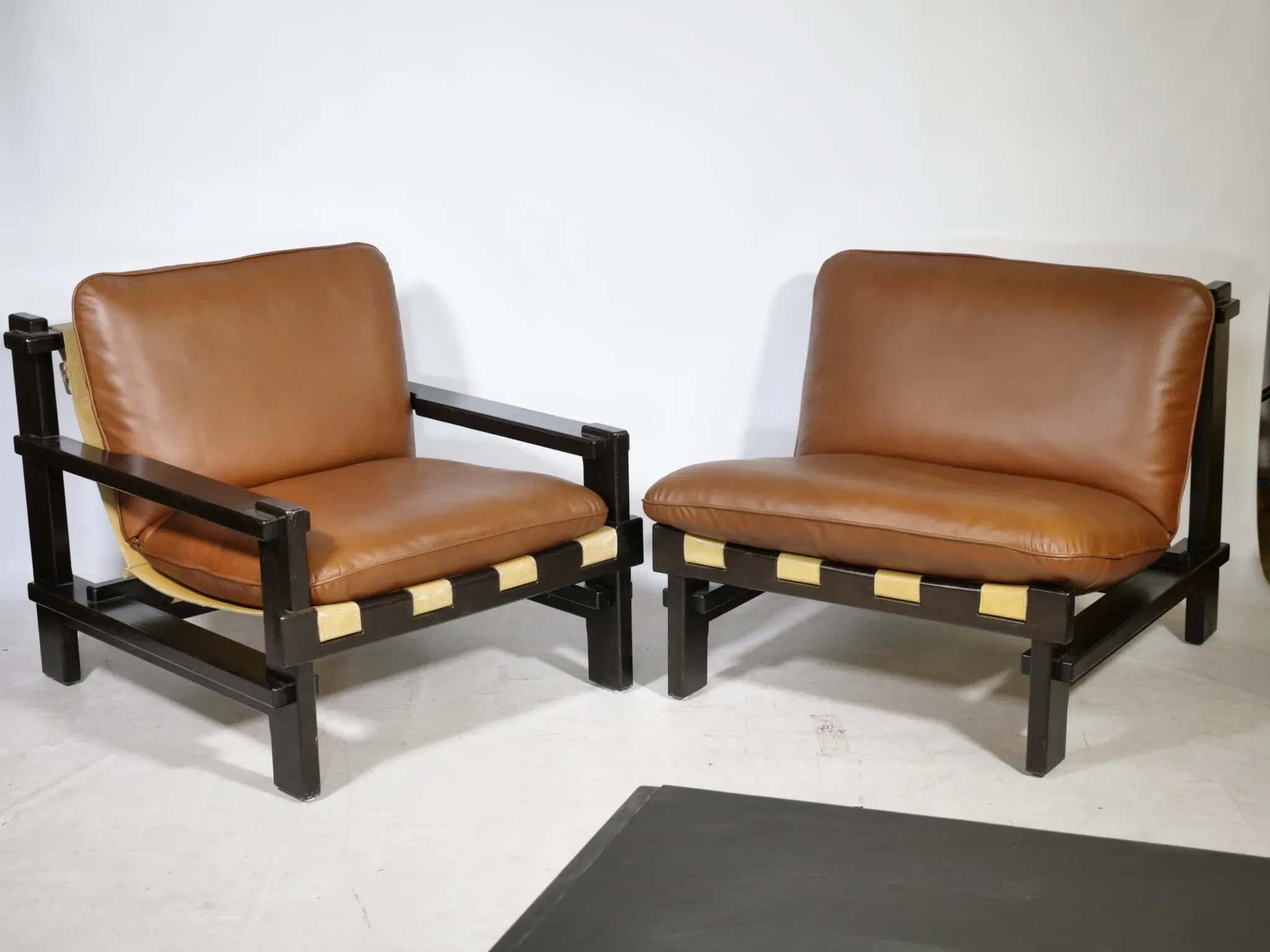 Brutalist Lounge Set in Light Brown Leather & Pine by Carl Straub, Set of 3