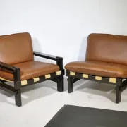 Brutalist Lounge Set in Light Brown Leather & Pine by Carl Straub, Set of 3