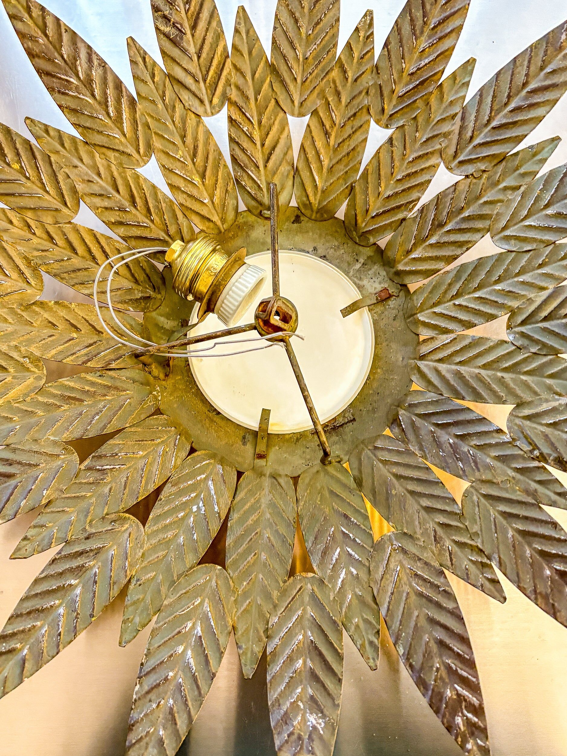 Flower sunburst ceiling light fixture, gold leaf gilt iron & milk glass, Spain, 1950s