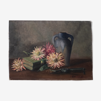 Tableau ancien nature morte aux dalhias