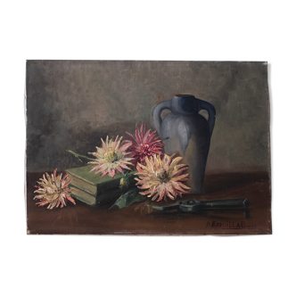Old painting Still Life with Dalhias