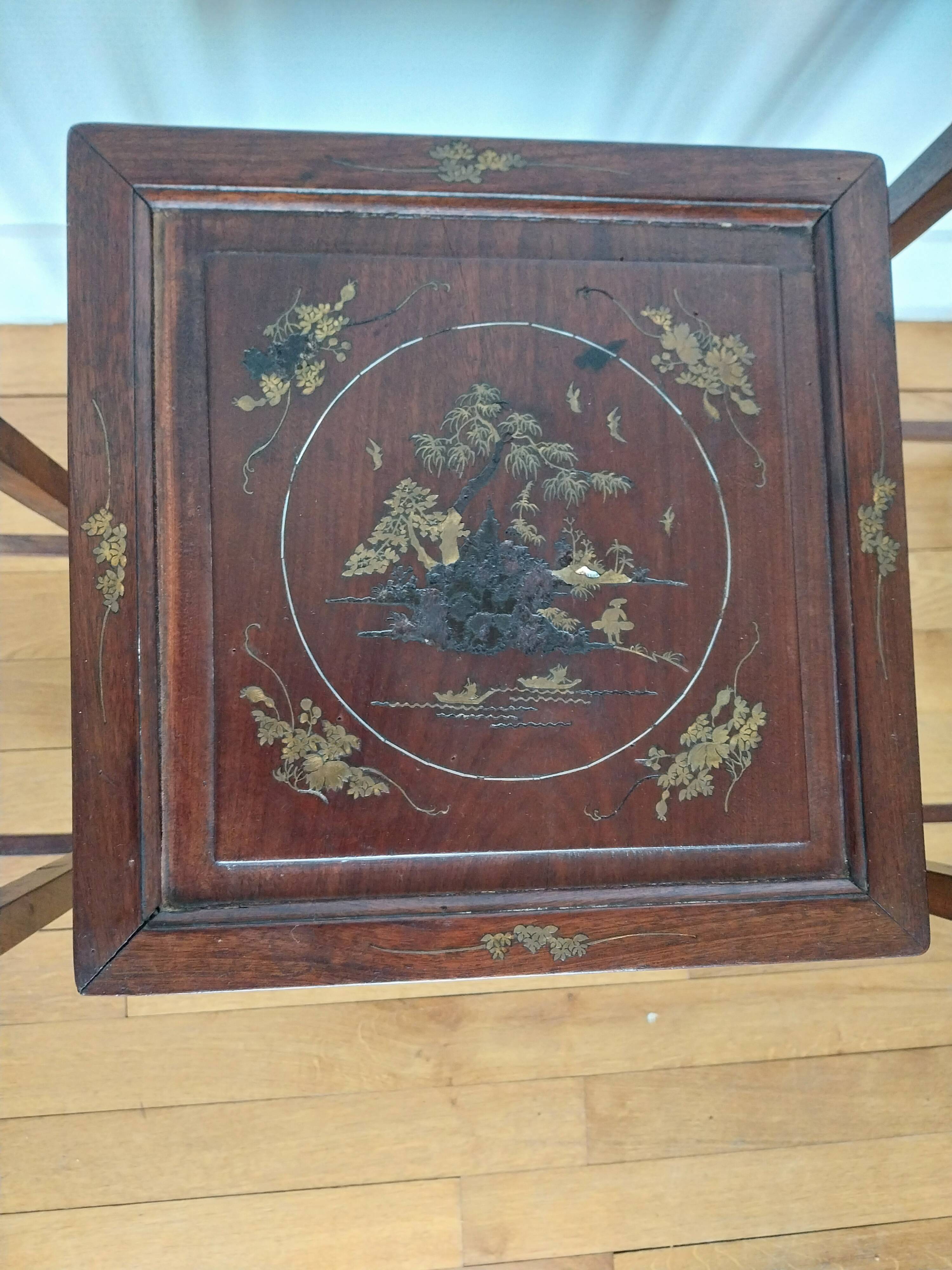 3 Chinese nesting tables in wood and brass.