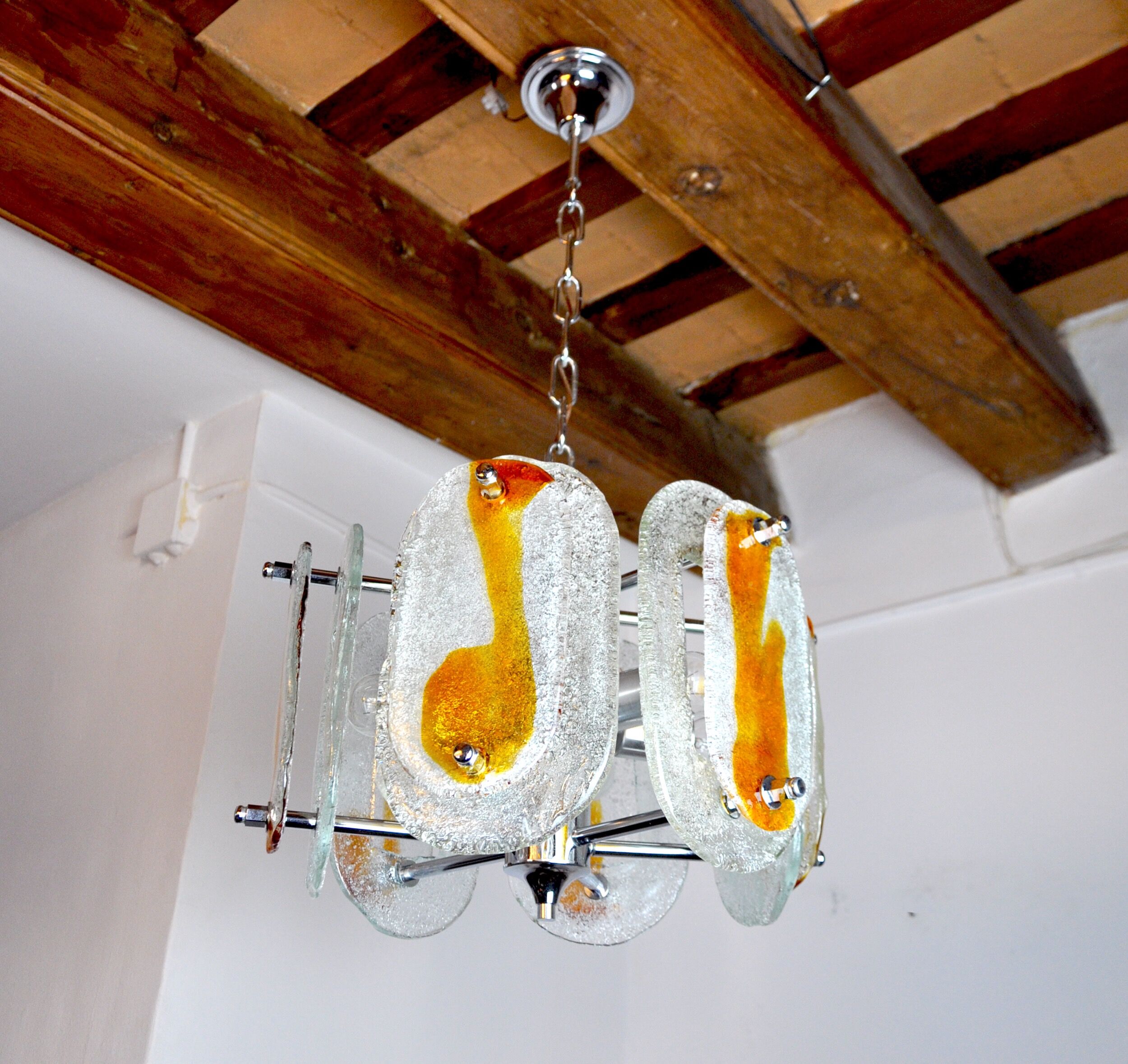 Murano mazzega chandelier, orange frosted glass, italy, 1970