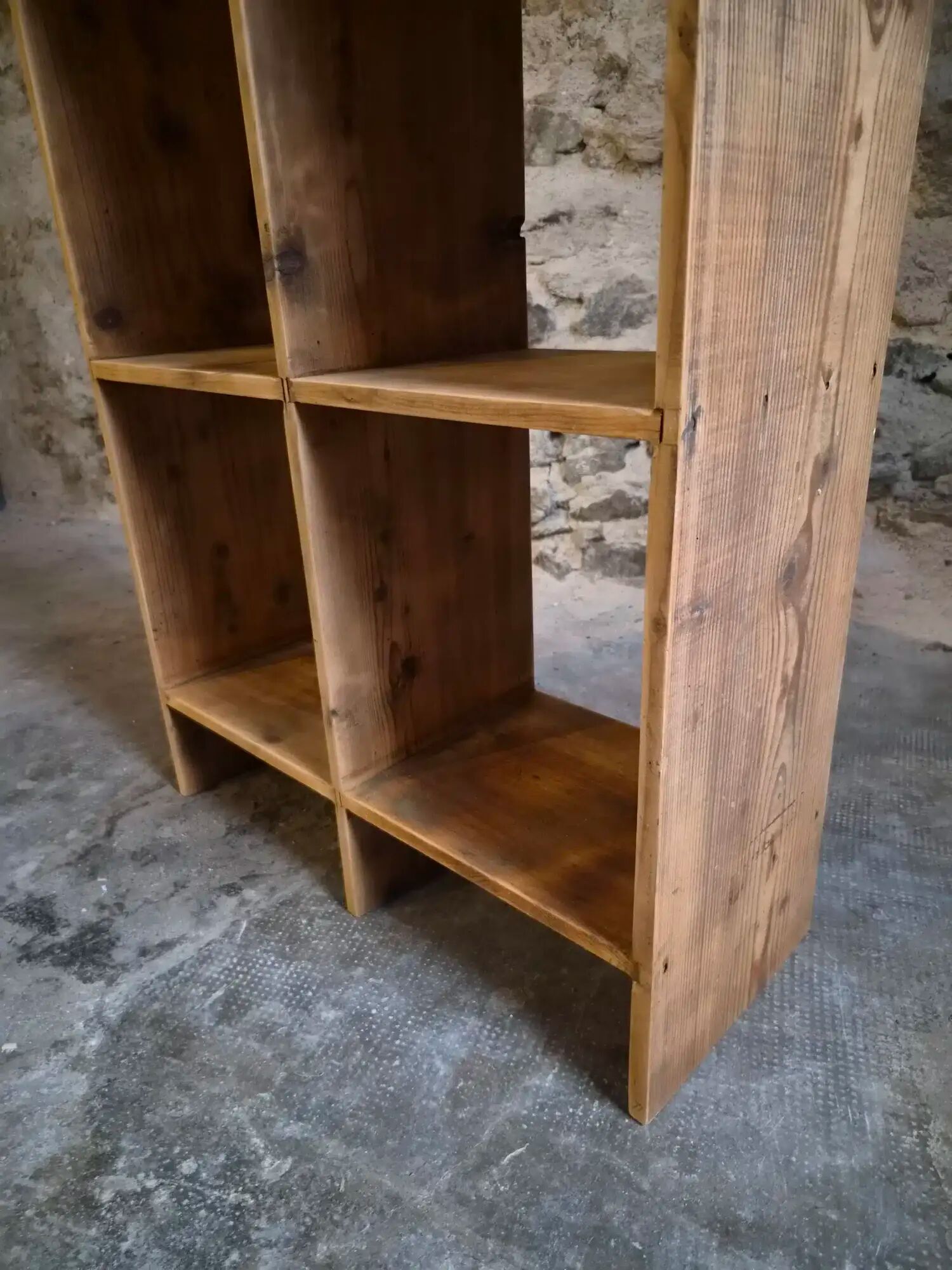 Vintage pine shelf with compartments, room divider, 1950s.
