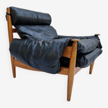 Duży skandynawski fotel skórzany zaprojektowany przez Erica Merthena dla IRE Möbler w latach 60-tych