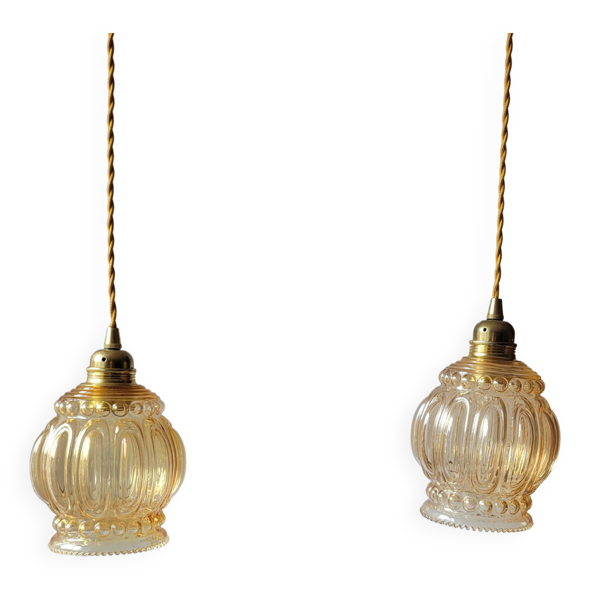 Duo of amber molded glass pendant lights