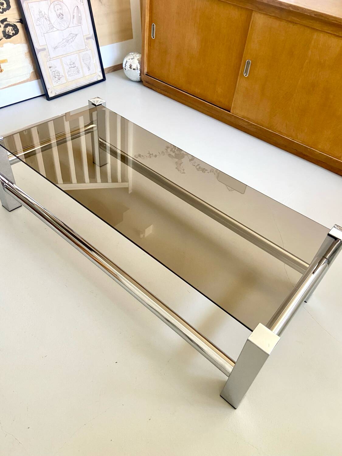 Vintage chrome metal table / smoked glass 1970