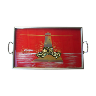 Art deco tray decorated with a lighthouse and seaside