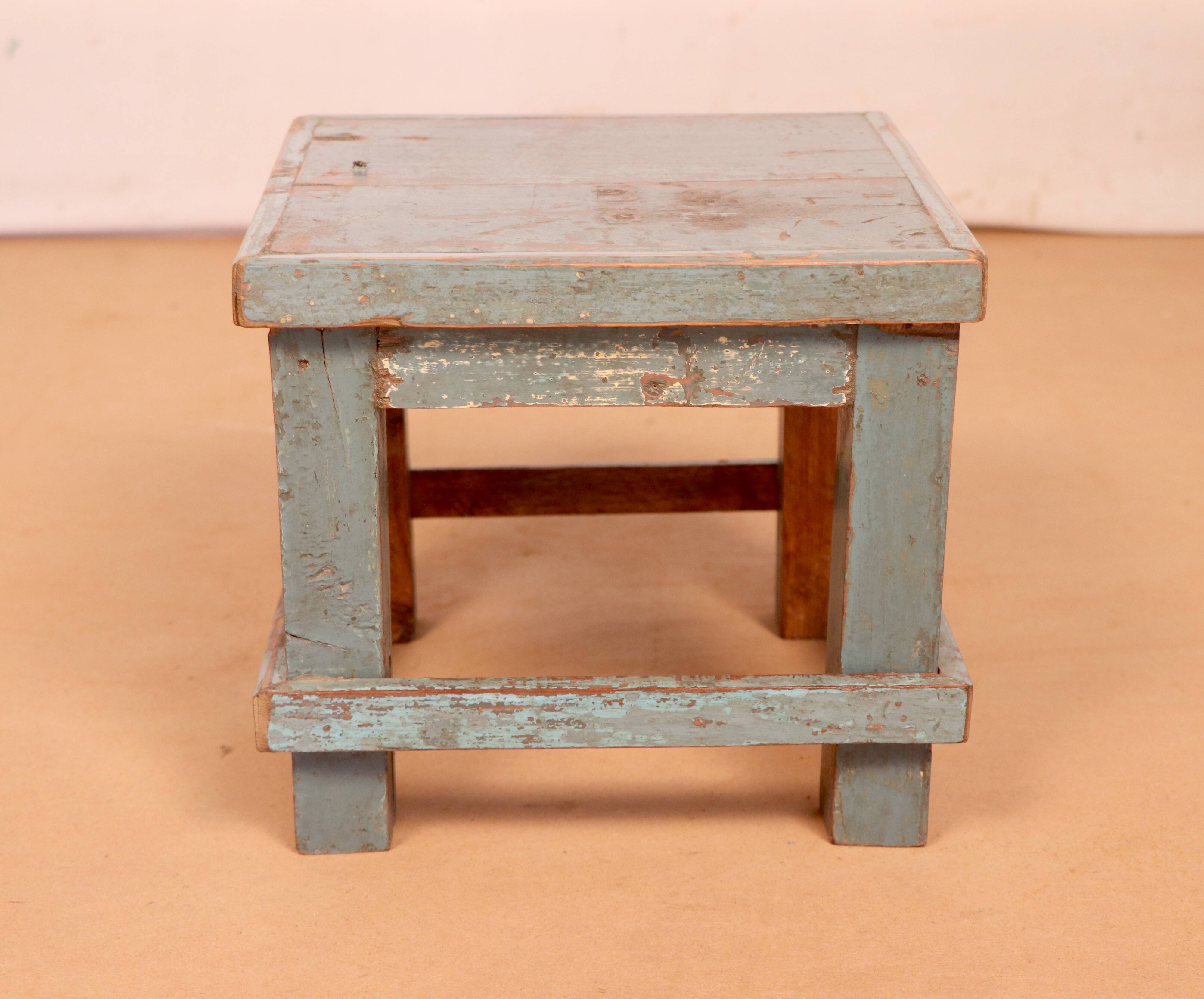 Old small workshop bedside table in Burmese teak original blue patina / ideal in fifth wheel p