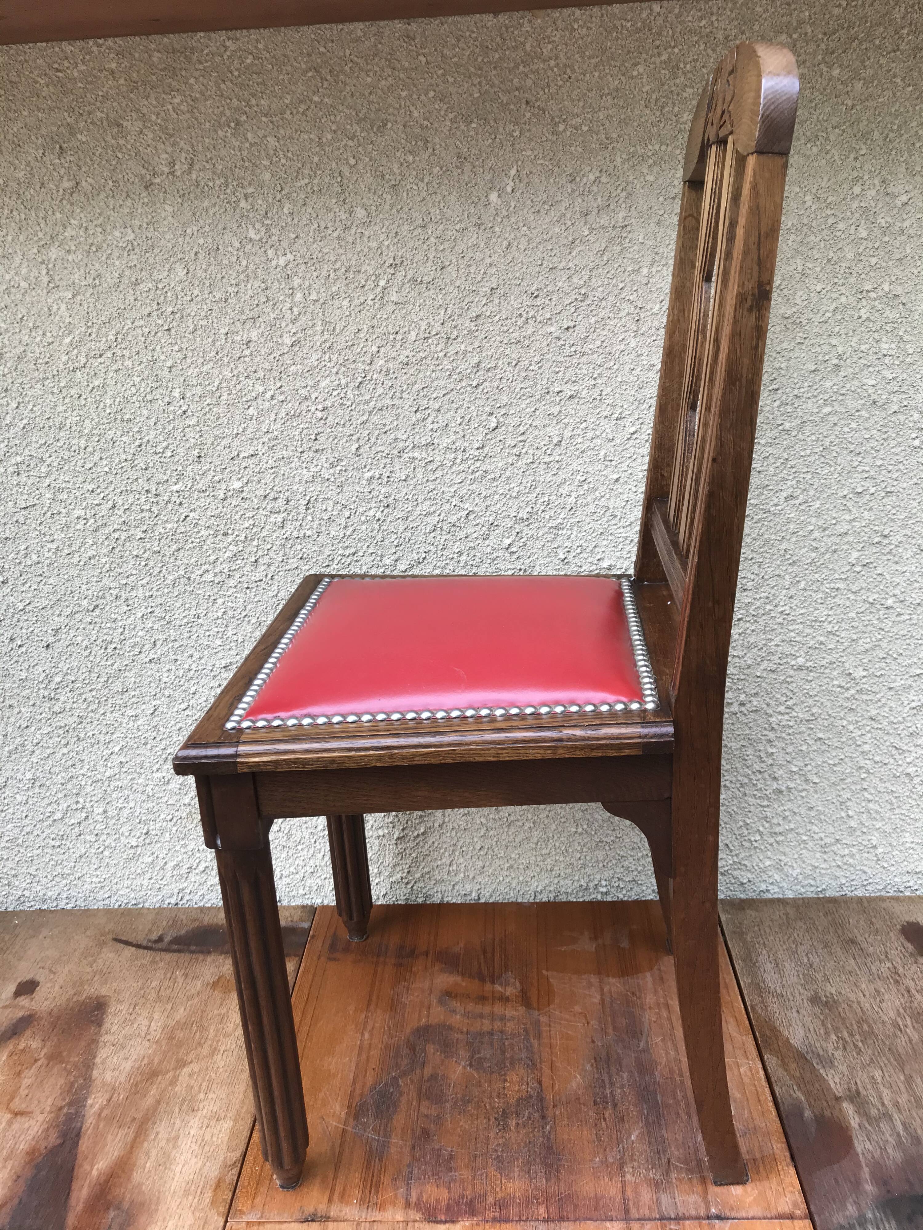 Pair of old chairs art deco in sculpted wood & vintage red leather seat