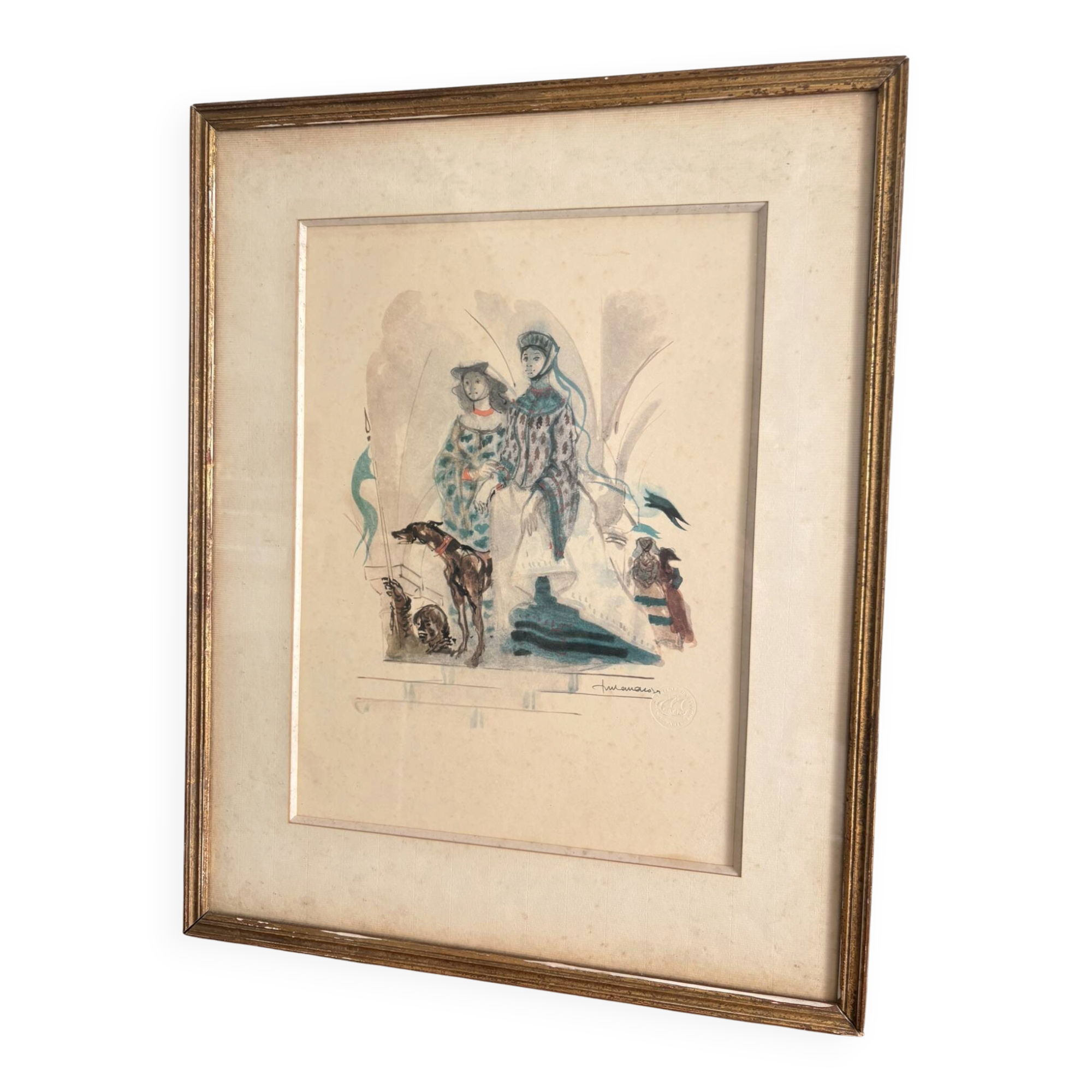 Lithograph Elegant Woman Greyhound Latin Union Edition Lucien Fontanarosa