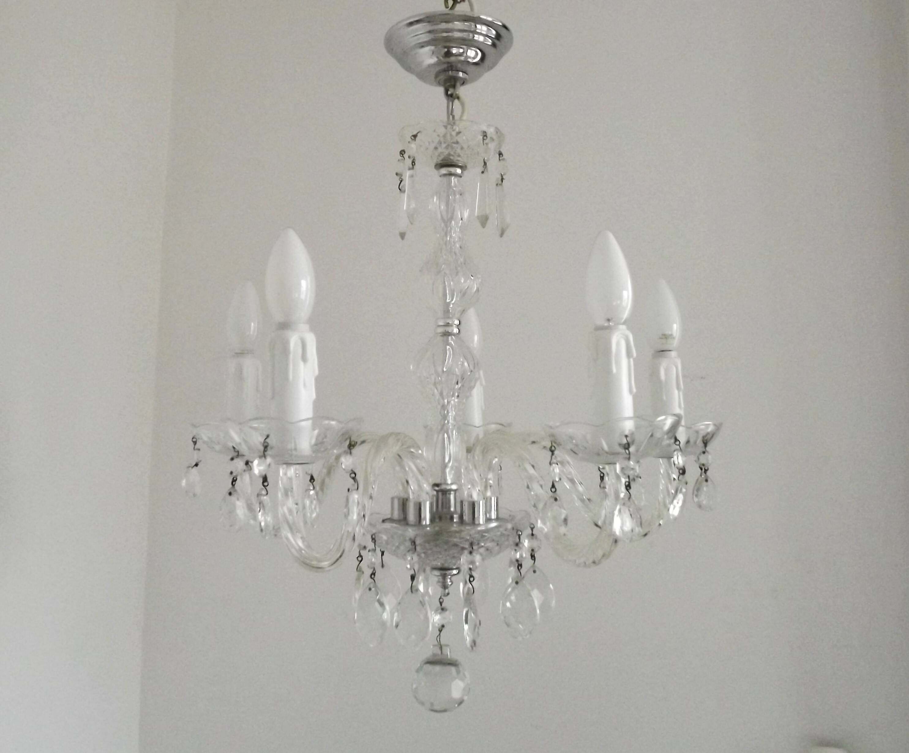 French Vintage  5 Light Barley Twist Glass and Crystal Chandelier