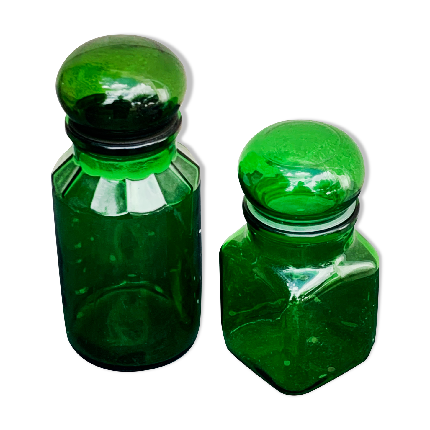 Two jars in green glass advertising vintage 1970