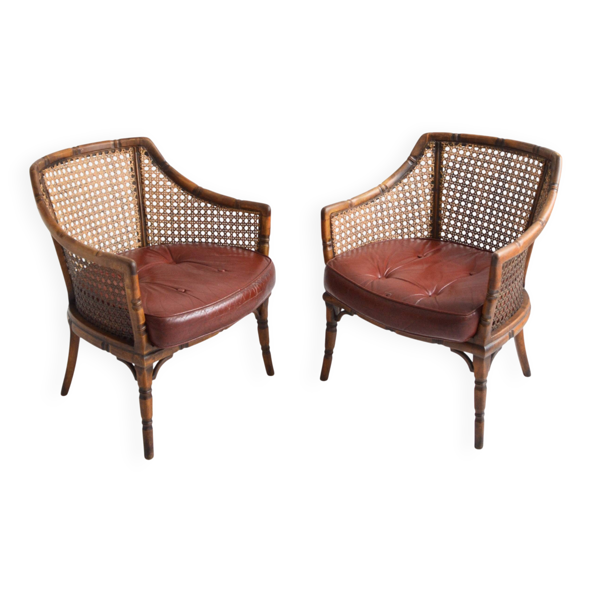 Pair of armchairs in walnut and antique cane, 19th century
