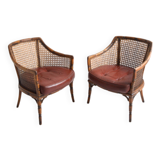 Pair of armchairs in walnut and antique cane, 19th century