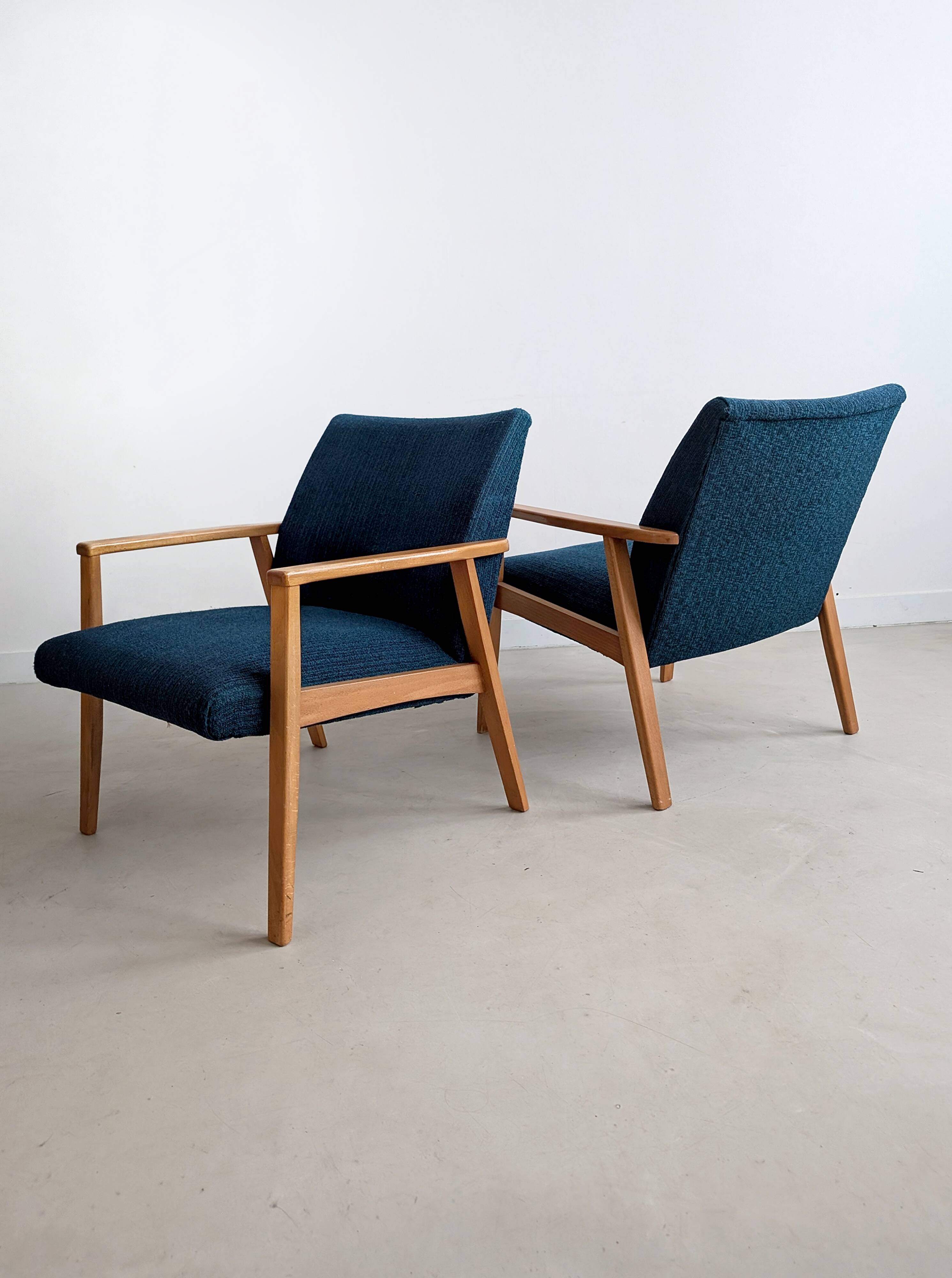 2 blue fabric armchairs, 1970s