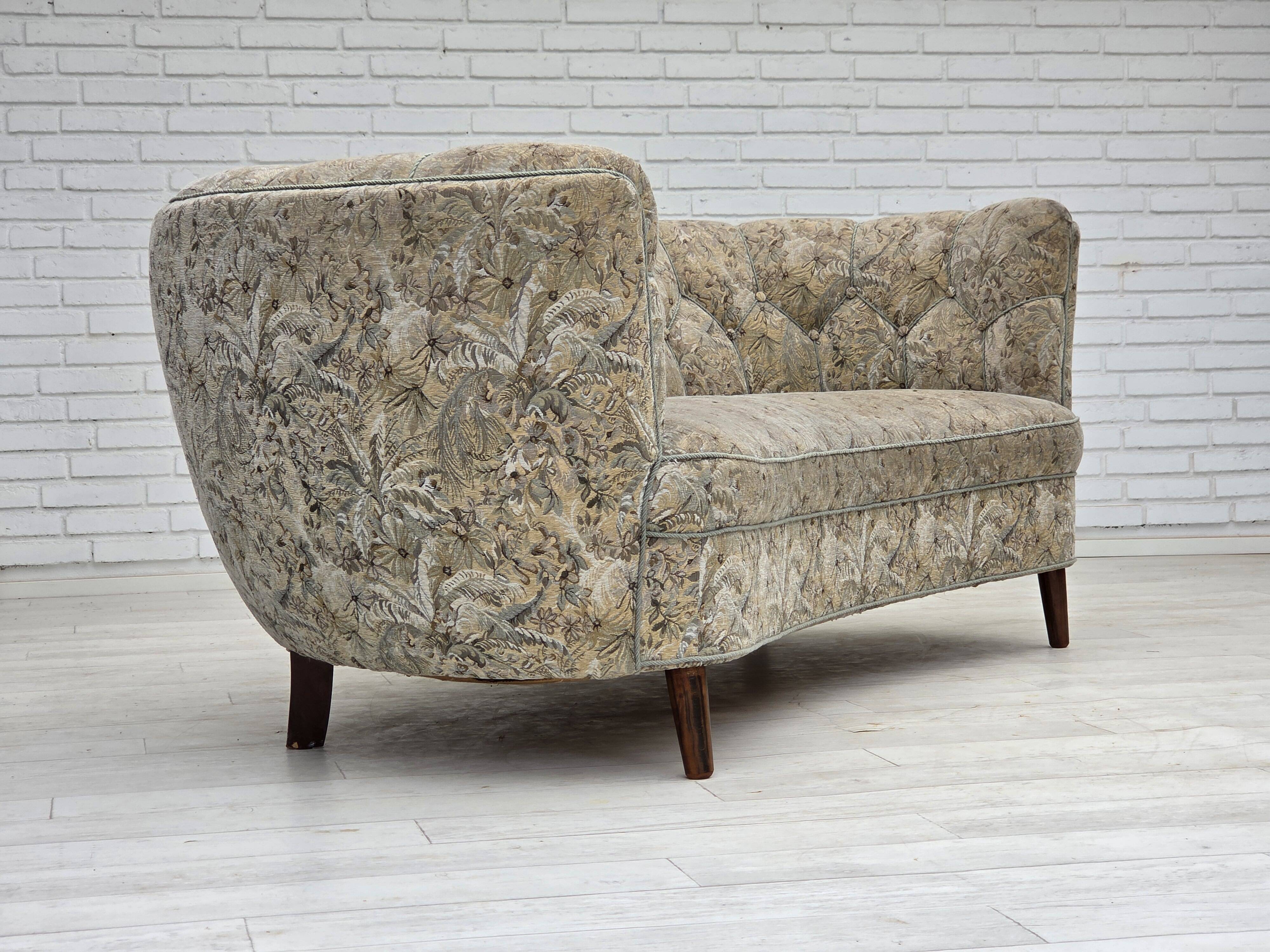 1970s, Danish 3 seater curved sofa, original multicolor furniture fabric.