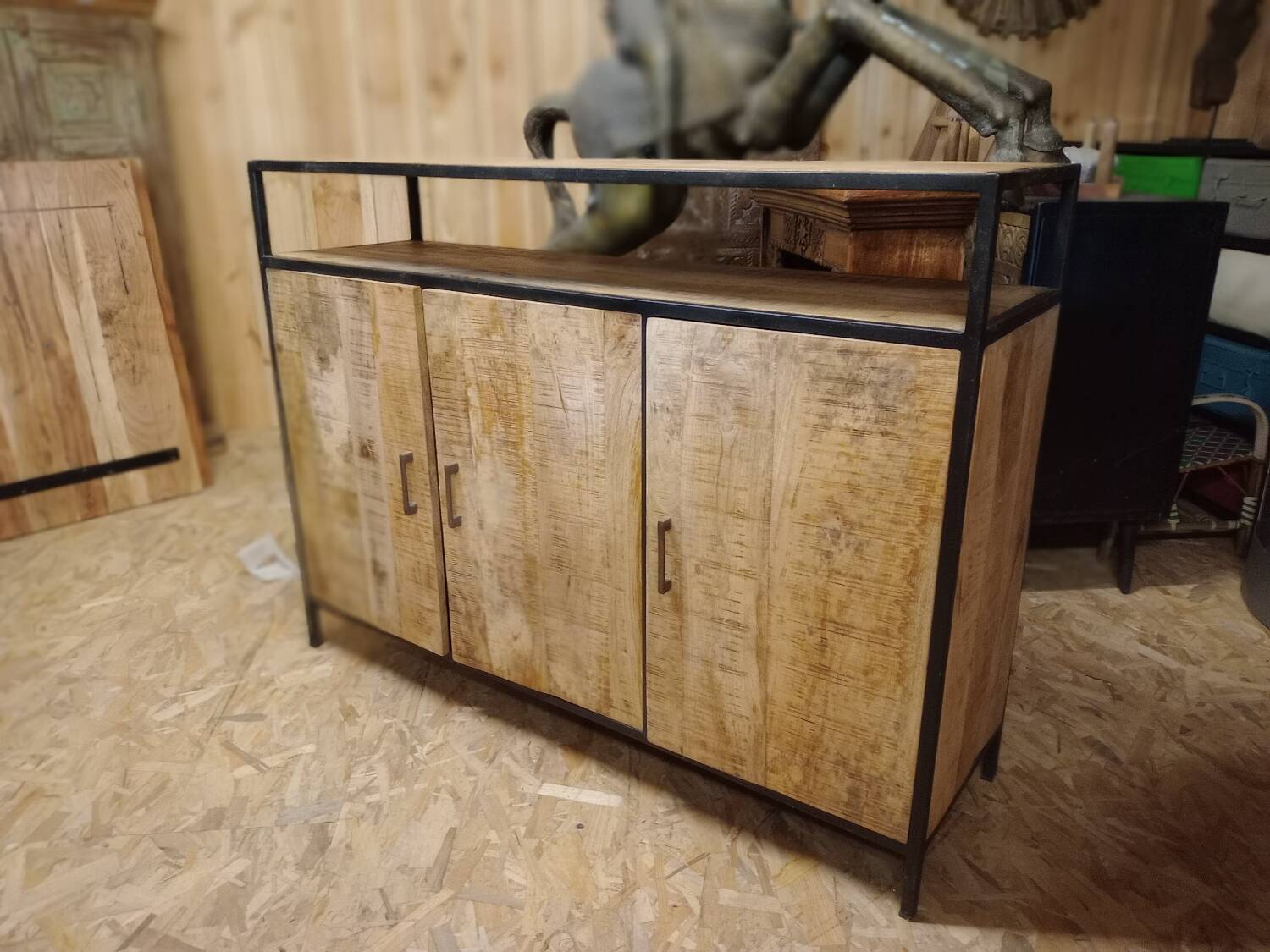 Industrial-style buffet made of solid mango wood.