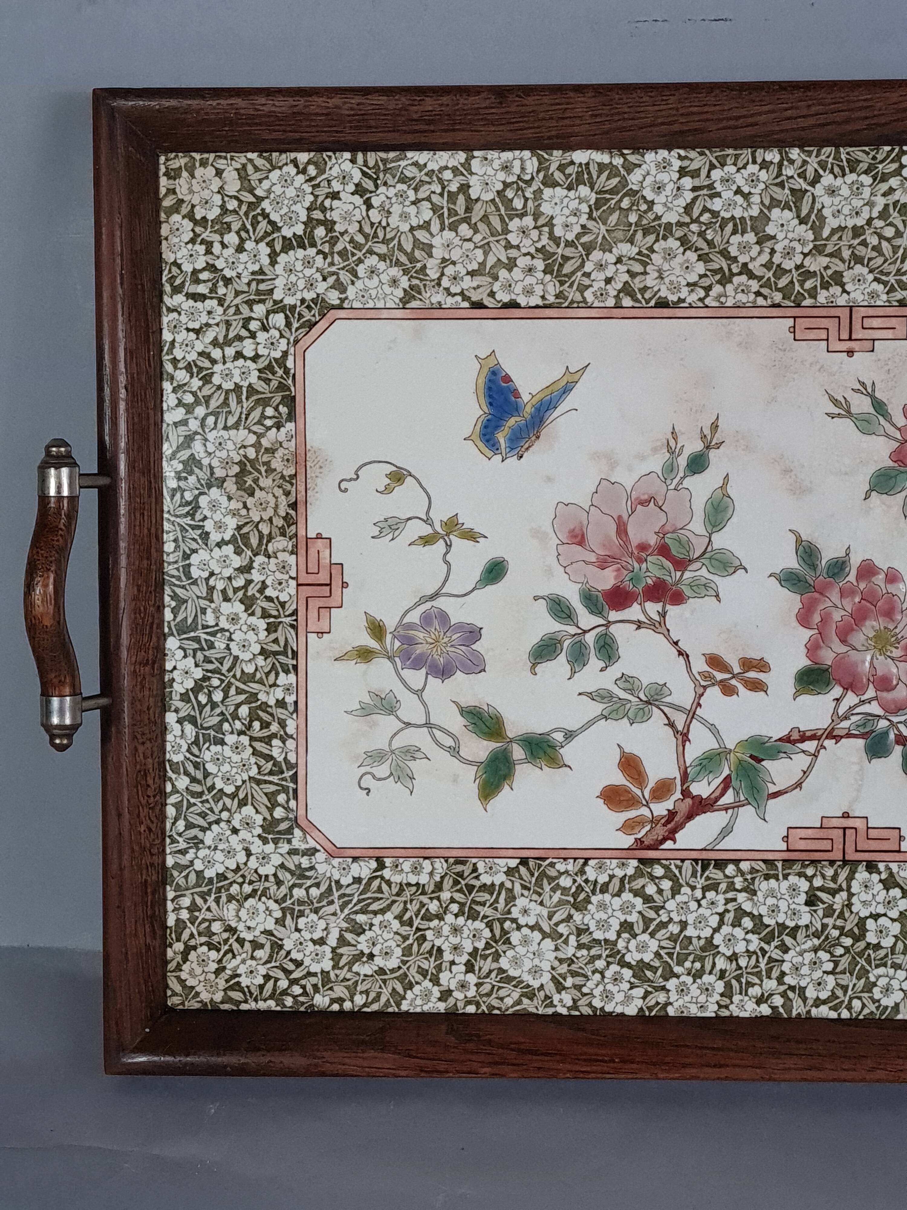 Ancien plateau de service faïence émaillée floral  & bois 1900 57x35 cm C99