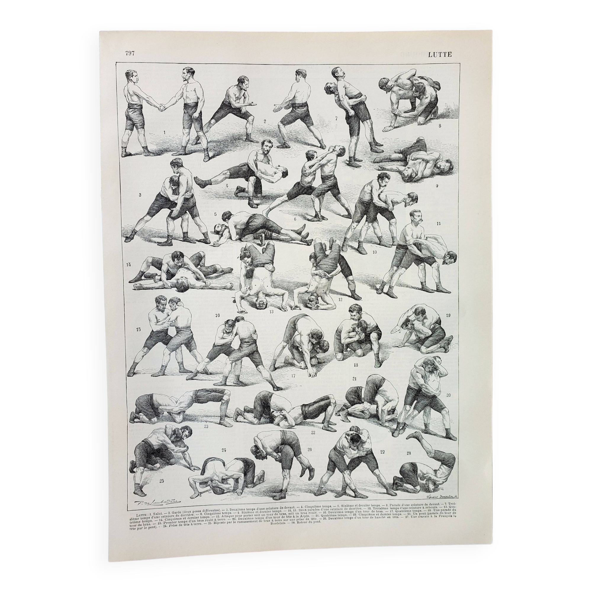 Old engraving 1898, Wrestling, combat sport, boxing • Lithograph, Original plate